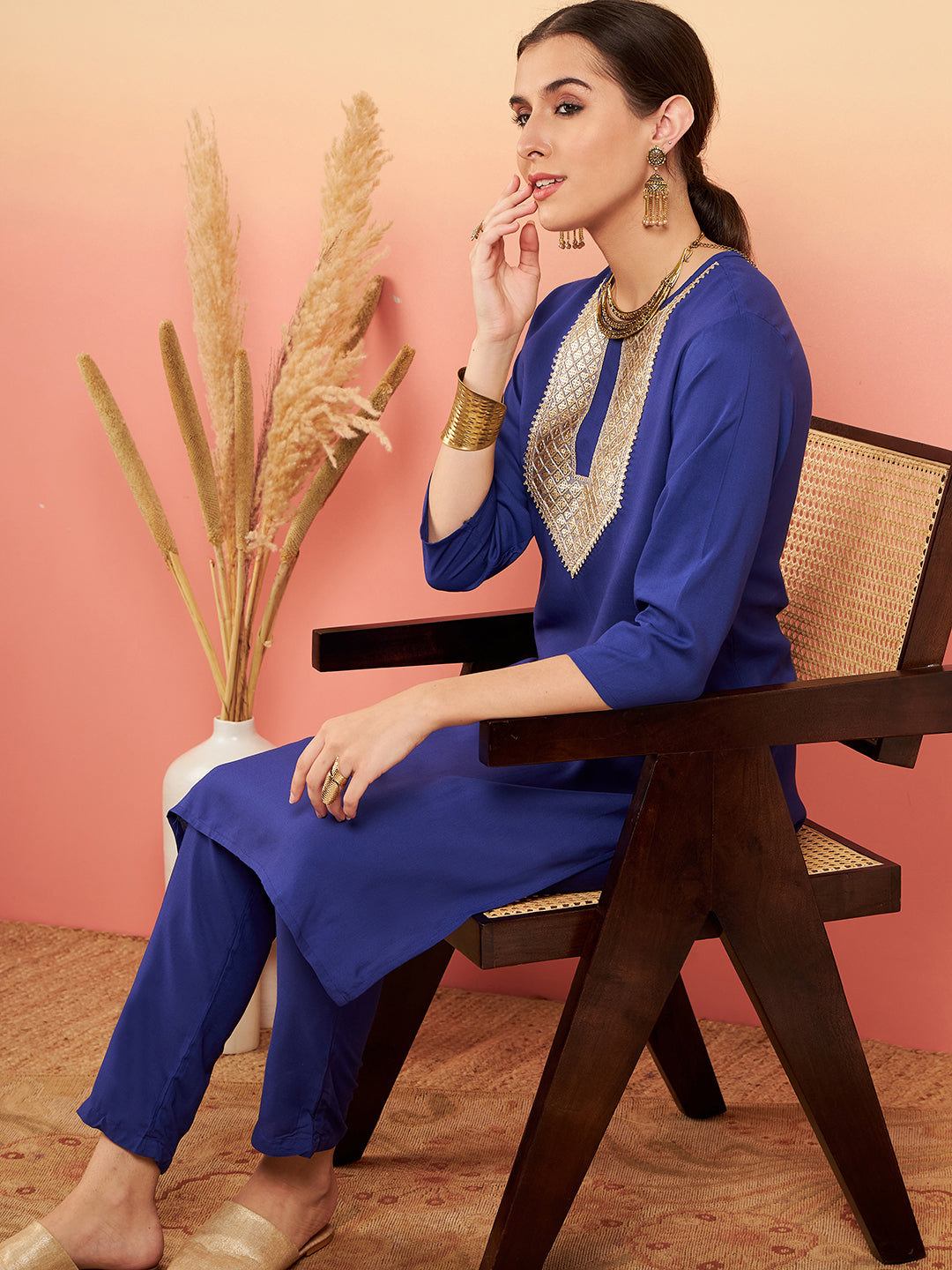 InWeave Women's Ink Blue Sequance Patch Work Kurta Set | Grocsy