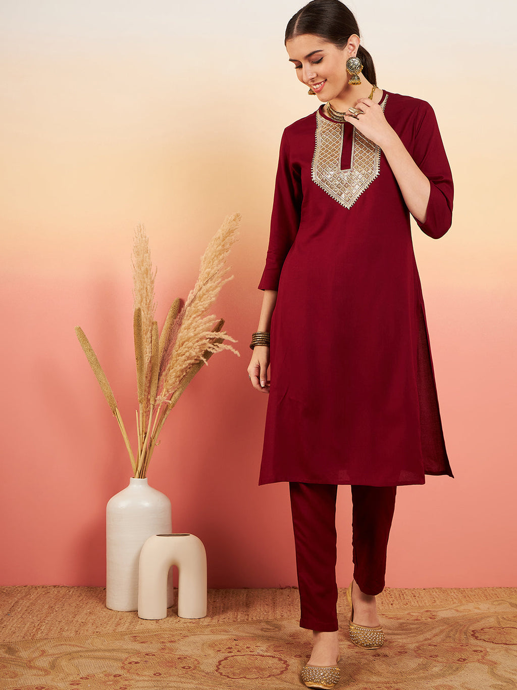 InWeave Women's Maroon Sequance Patch Work Kurta Set | Grocsy