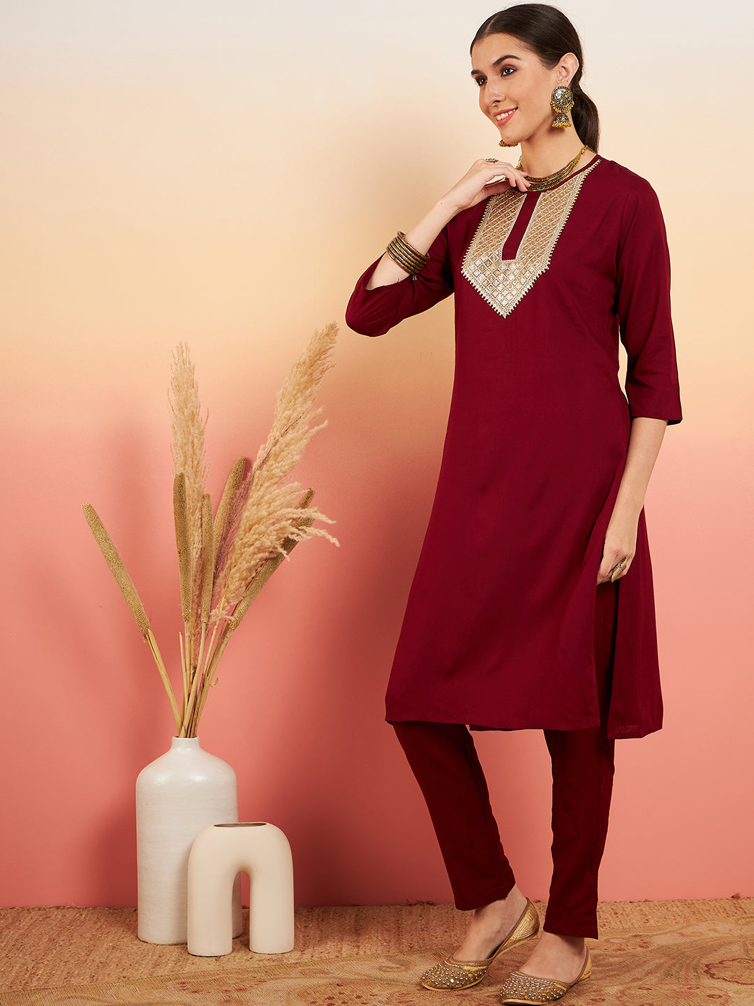 InWeave Women's Maroon Sequance Patch Work Kurta Set | Grocsy