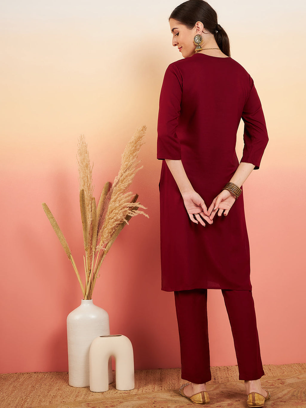 InWeave Women's Maroon Sequance Patch Work Kurta Set | Grocsy