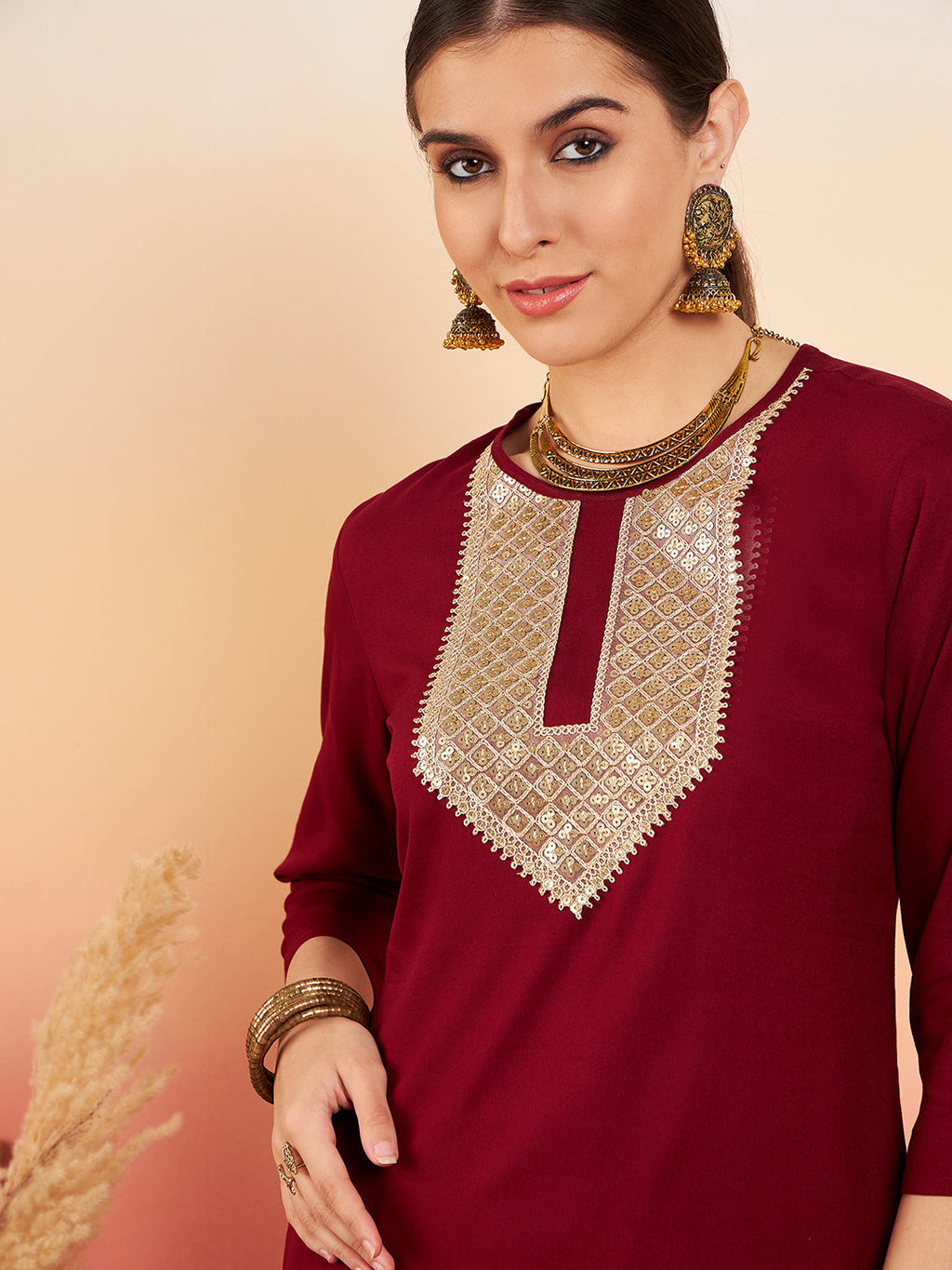 InWeave Women's Maroon Sequance Patch Work Kurta Set | Grocsy