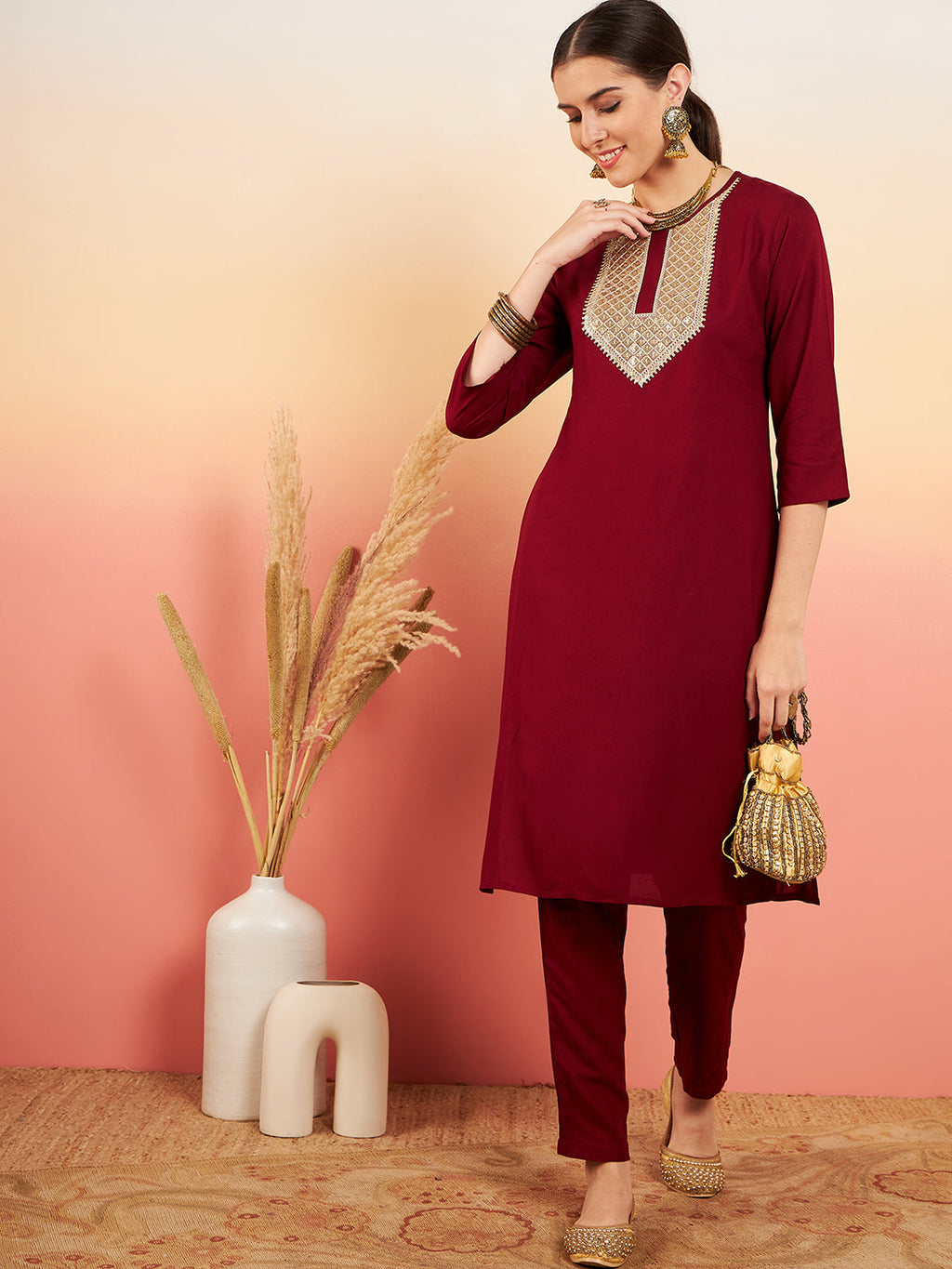InWeave Women's Maroon Sequance Patch Work Kurta Set | Grocsy