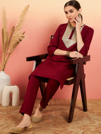 InWeave Women's Maroon Sequance Patch Work Kurta Set | Grocsy
