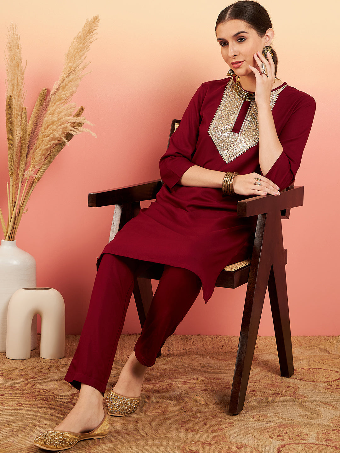 InWeave Women's Maroon Sequance Patch Work Kurta Set | Grocsy