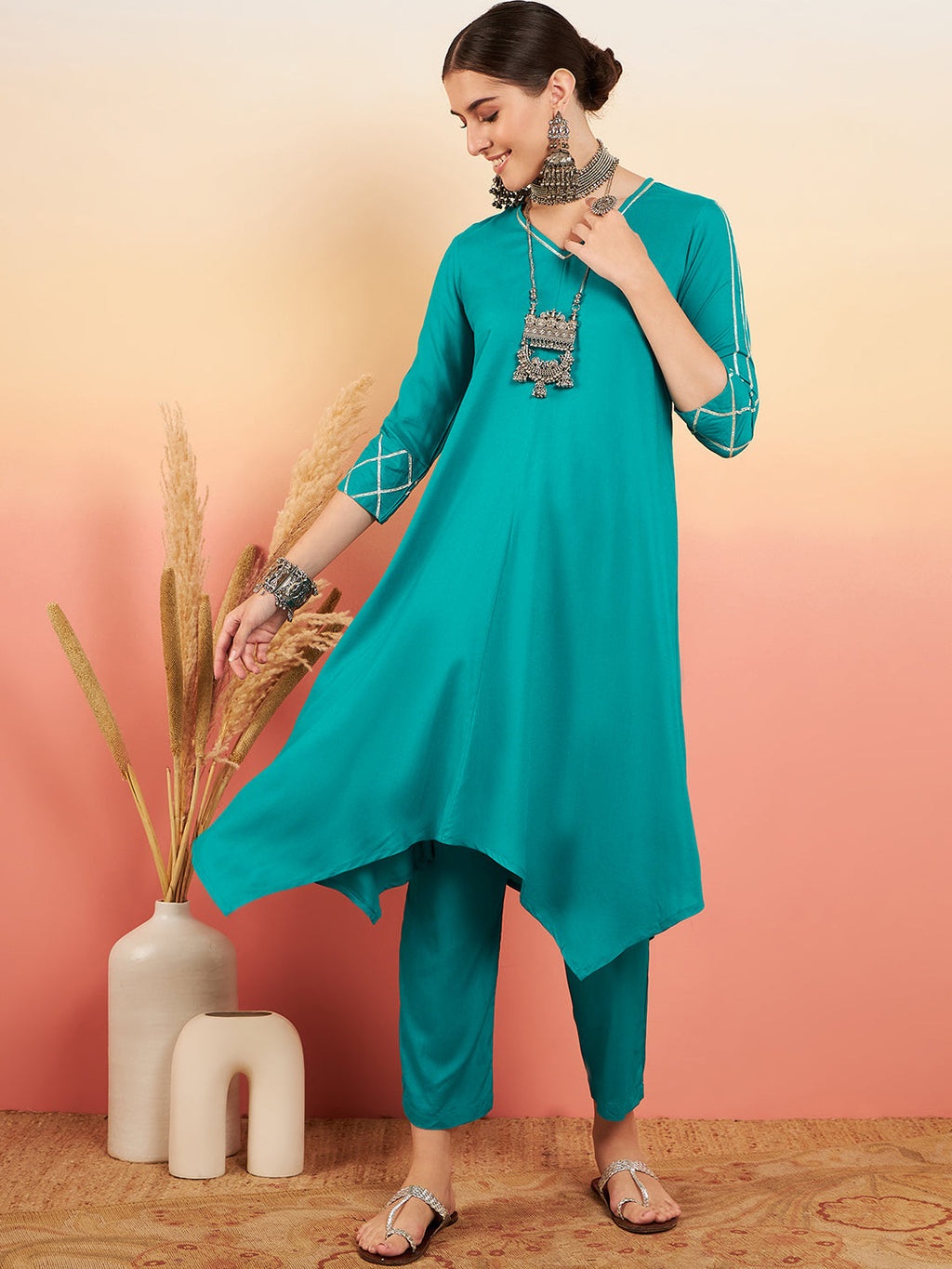InWeave Women's Teal V Neck Gota Sleeve A Line Kurta Set | Grocsy