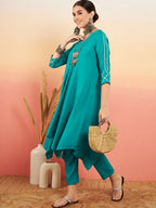 InWeave Women's Teal V Neck Gota Sleeve A Line Kurta Set | Grocsy