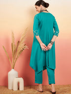 InWeave Women's Teal V Neck Gota Sleeve A Line Kurta Set | Grocsy