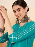 InWeave Women's Teal V Neck Gota Sleeve A Line Kurta Set | Grocsy