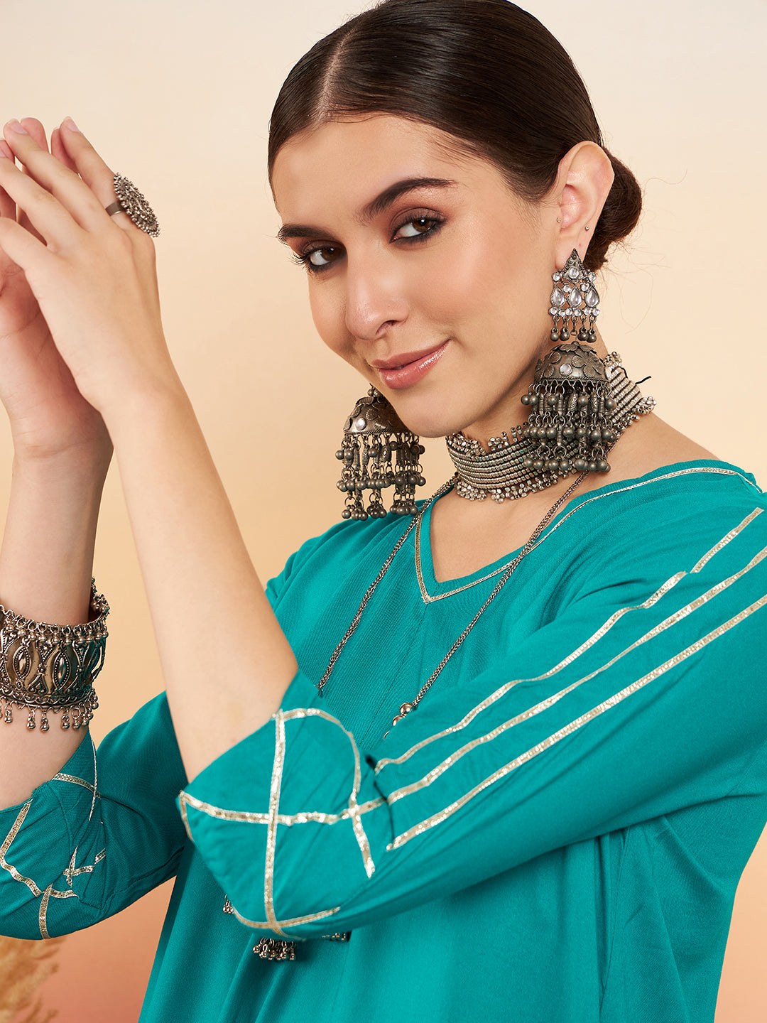 InWeave Women's Teal V Neck Gota Sleeve A Line Kurta Set | Grocsy