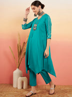 InWeave Women's Teal V Neck Gota Sleeve A Line Kurta Set | Grocsy