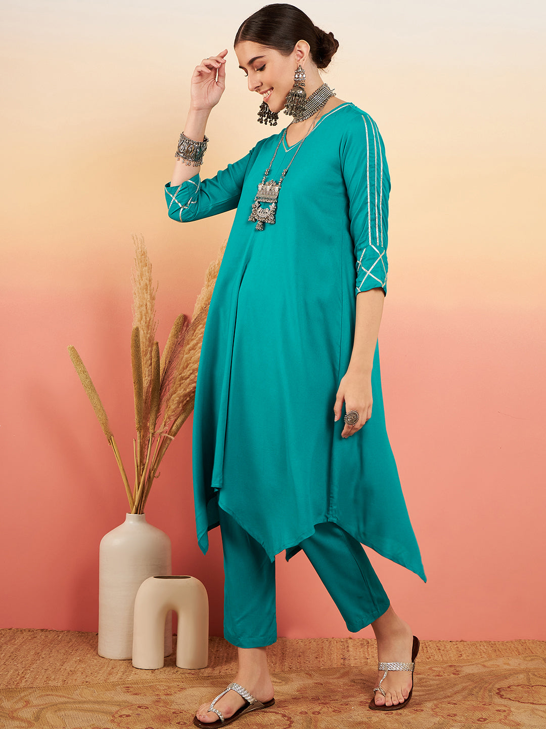 InWeave Women's Teal V Neck Gota Sleeve A Line Kurta Set | Grocsy