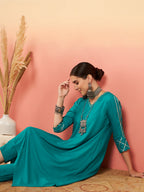 InWeave Women's Teal V Neck Gota Sleeve A Line Kurta Set | Grocsy
