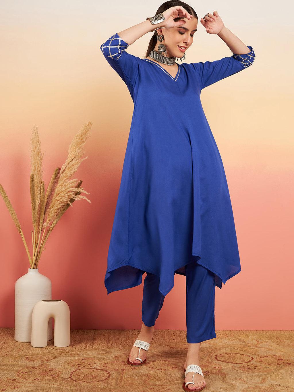 InWeave Women's Ink Blue V Neck Gota Sleeve A Line Kurta Set | Grocsy