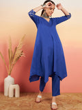 InWeave Women's Ink Blue V Neck Gota Sleeve A Line Kurta Set | Grocsy