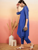 InWeave Women's Ink Blue V Neck Gota Sleeve A Line Kurta Set | Grocsy