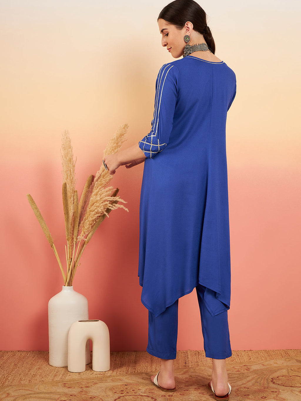 InWeave Women's Ink Blue V Neck Gota Sleeve A Line Kurta Set | Grocsy