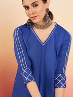 InWeave Women's Ink Blue V Neck Gota Sleeve A Line Kurta Set | Grocsy