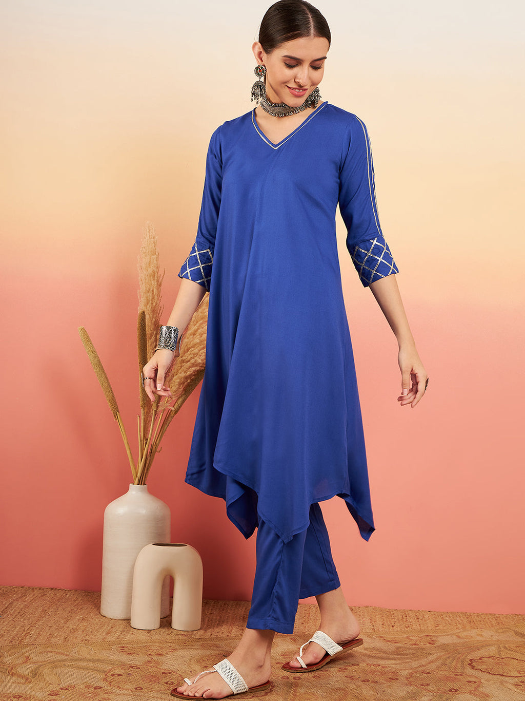 InWeave Women's Ink Blue V Neck Gota Sleeve A Line Kurta Set | Grocsy