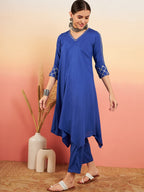 InWeave Women's Ink Blue V Neck Gota Sleeve A Line Kurta Set | Grocsy