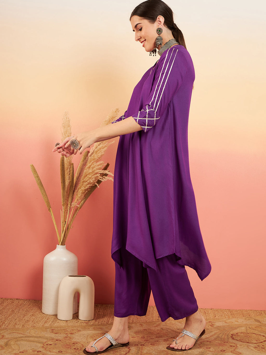 InWeave Women's Violet V Neck Gota Sleeve A Line Kurta Set | Grocsy