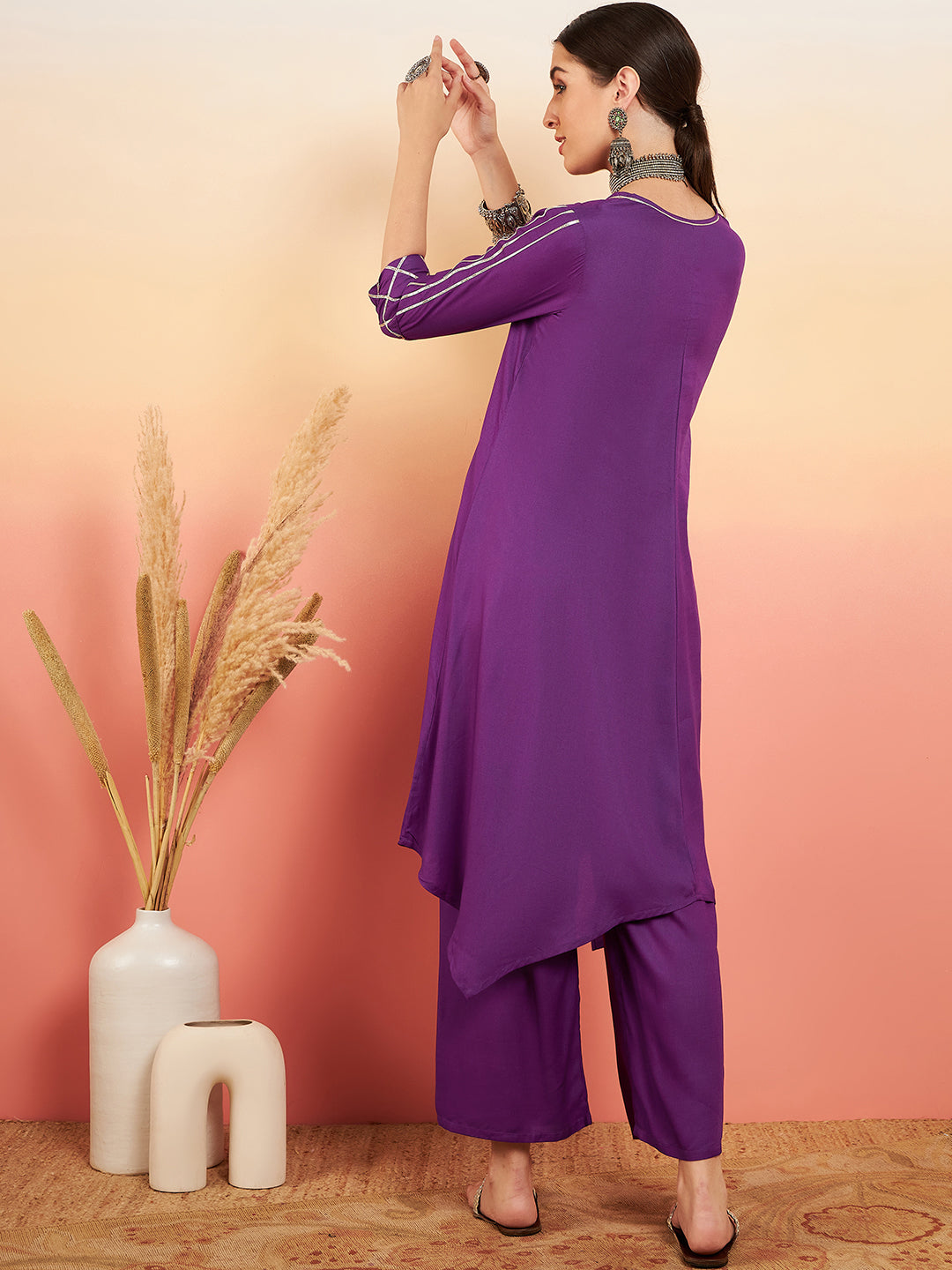InWeave Women's Violet V Neck Gota Sleeve A Line Kurta Set | Grocsy
