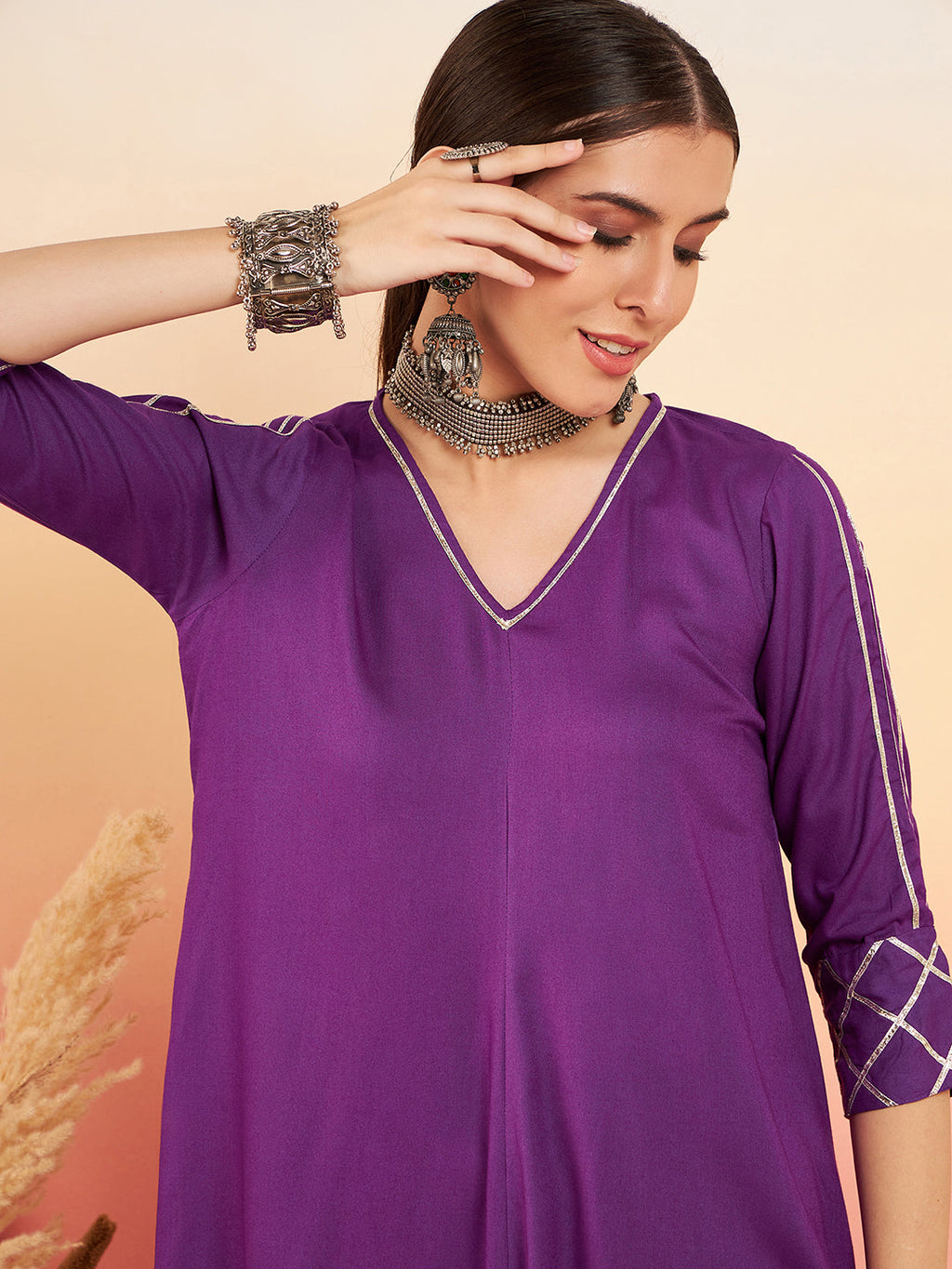 InWeave Women's Violet V Neck Gota Sleeve A Line Kurta Set | Grocsy