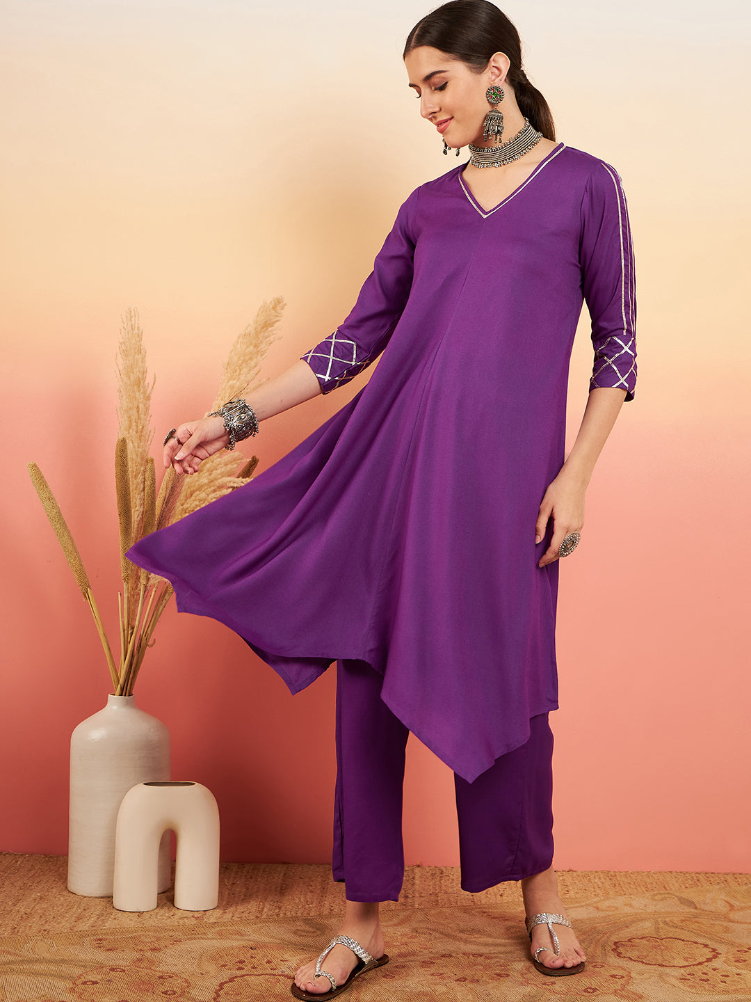 InWeave Women's Violet V Neck Gota Sleeve A Line Kurta Set | Grocsy
