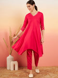InWeave Women's Fuschia V Neck Gota Sleeve A Line Kurta Set | Grocsy