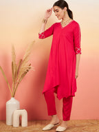 InWeave Women's Fuschia V Neck Gota Sleeve A Line Kurta Set | Grocsy