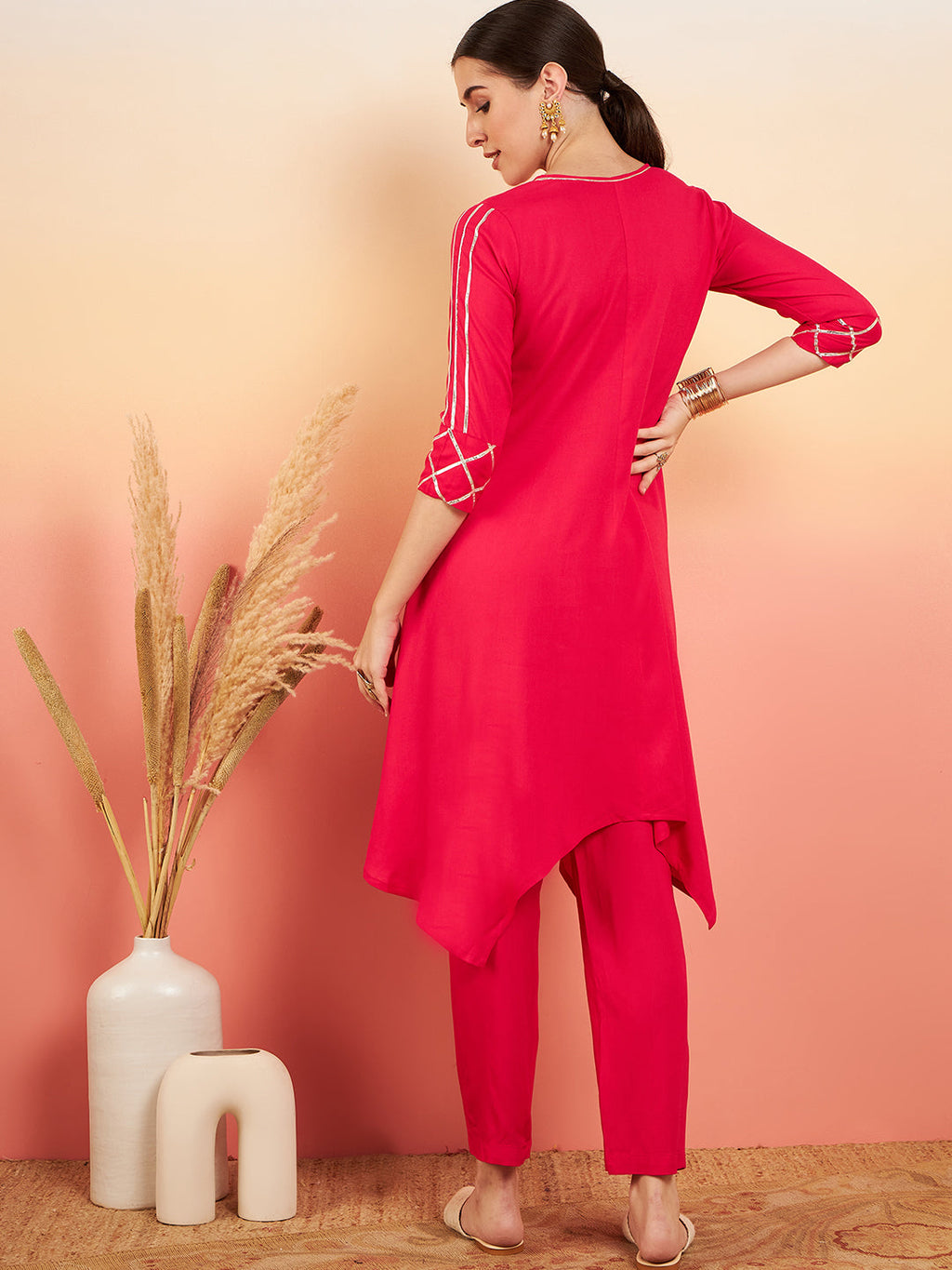 InWeave Women's Fuschia V Neck Gota Sleeve A Line Kurta Set | Grocsy