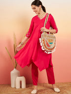 InWeave Women's Fuschia V Neck Gota Sleeve A Line Kurta Set | Grocsy