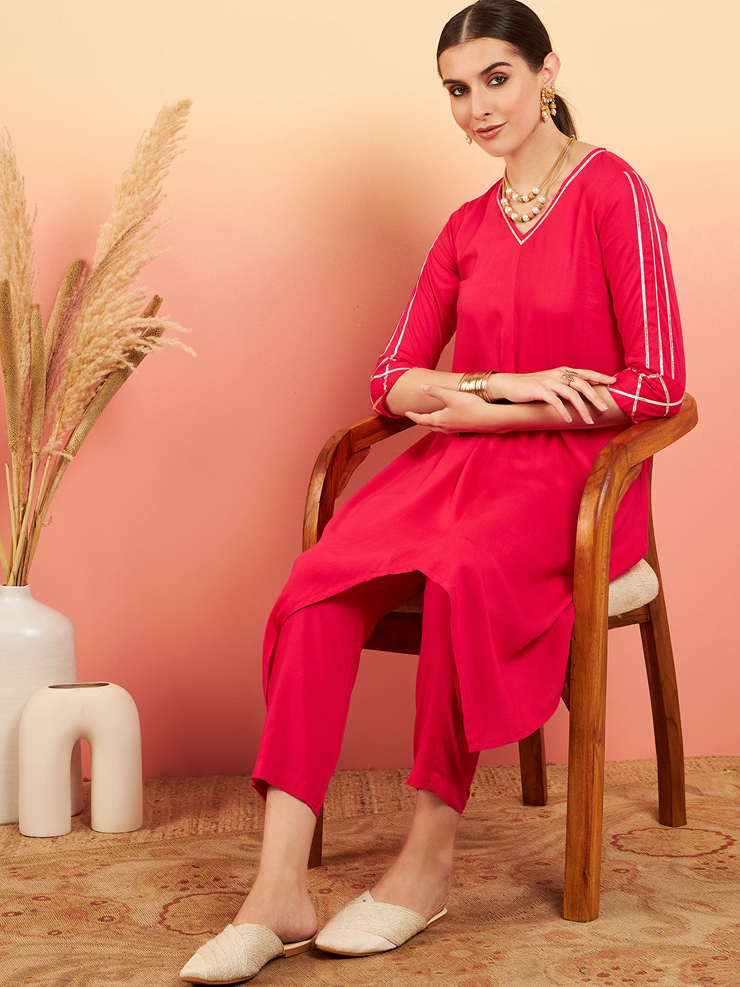 InWeave Women's Fuschia V Neck Gota Sleeve A Line Kurta Set | Grocsy