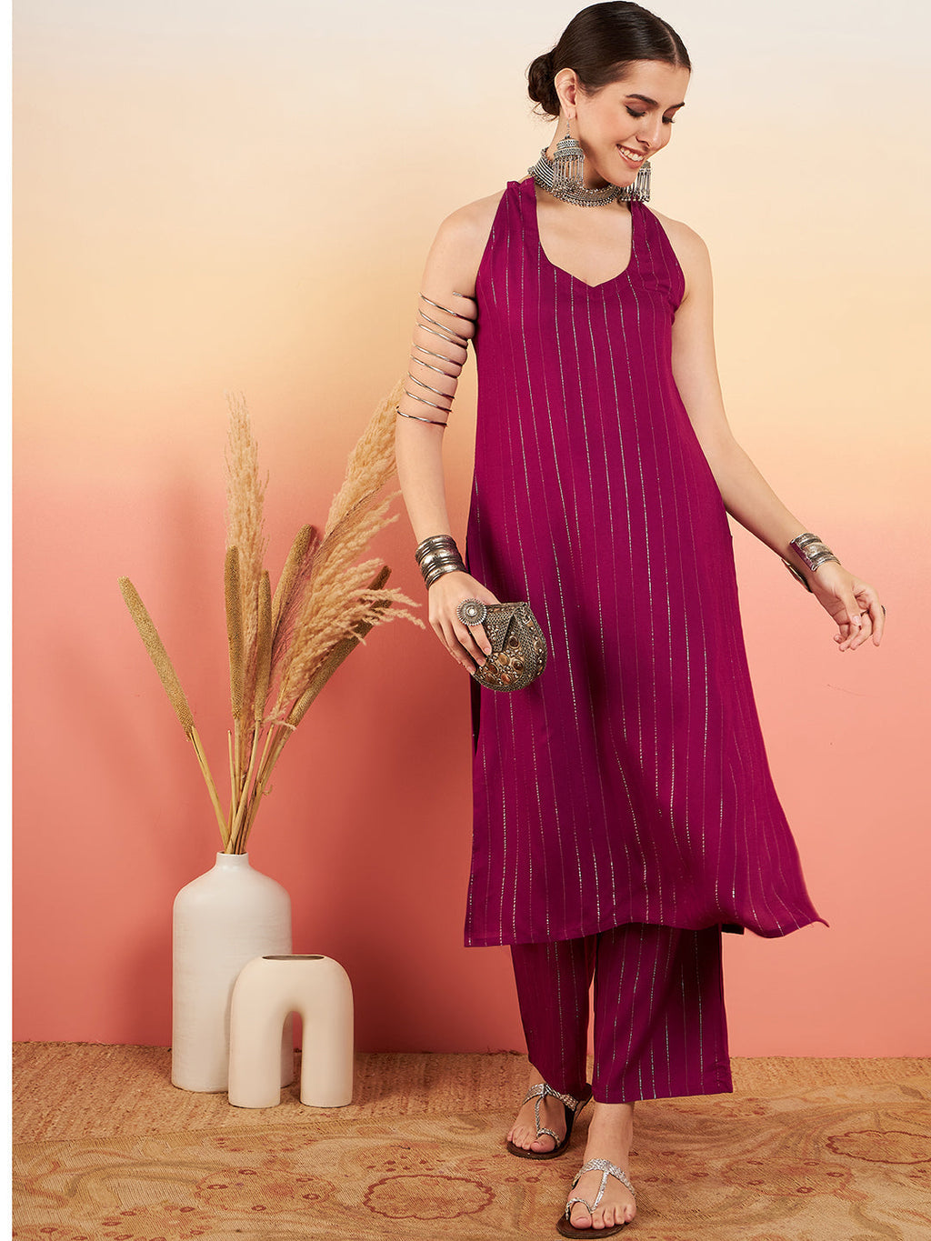 InWeave Women's Wine Lurex Neck Patti Halter Kurta Pant Set | Grocsy