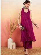 InWeave Women's Wine Lurex Neck Patti Halter Kurta Pant Set | Grocsy