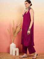 InWeave Women's Wine Lurex Neck Patti Halter Kurta Pant Set | Grocsy
