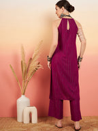 InWeave Women's Wine Lurex Neck Patti Halter Kurta Pant Set | Grocsy