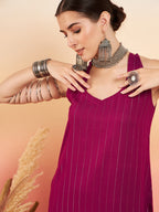 InWeave Women's Wine Lurex Neck Patti Halter Kurta Pant Set | Grocsy