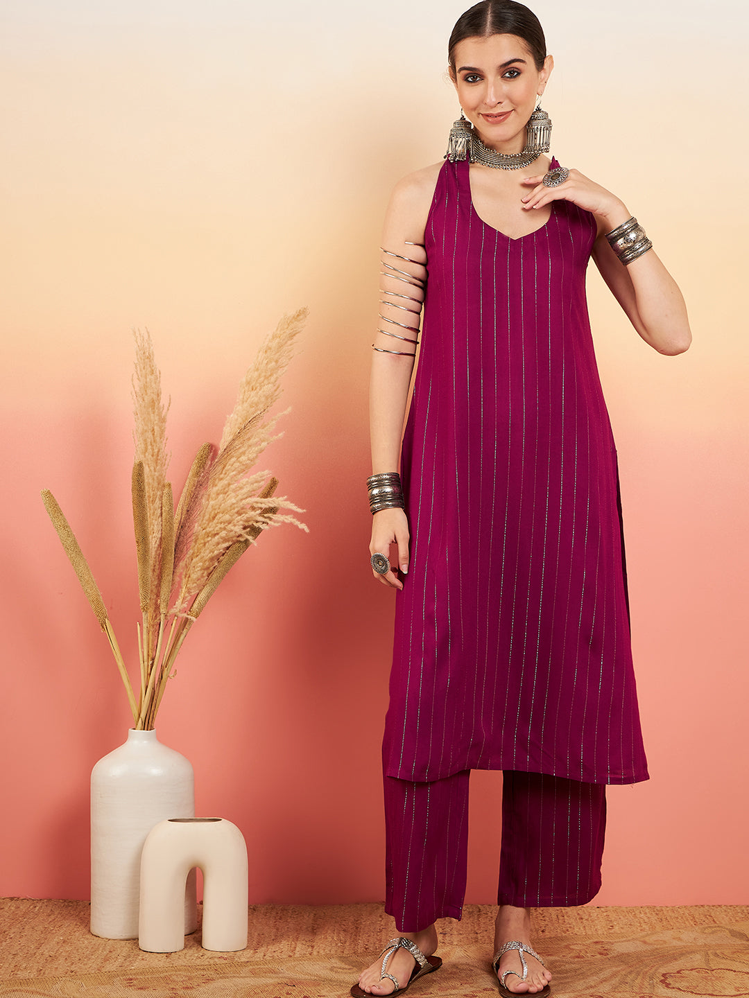 InWeave Women's Wine Lurex Neck Patti Halter Kurta Pant Set | Grocsy