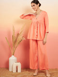 InWeave Women's Creamy Peach Lurex V Neck Front Tie Up Kurta Pant Set | Grocsy
