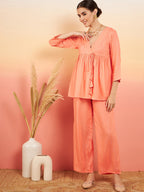 InWeave Women's Creamy Peach Lurex V Neck Front Tie Up Kurta Pant Set | Grocsy