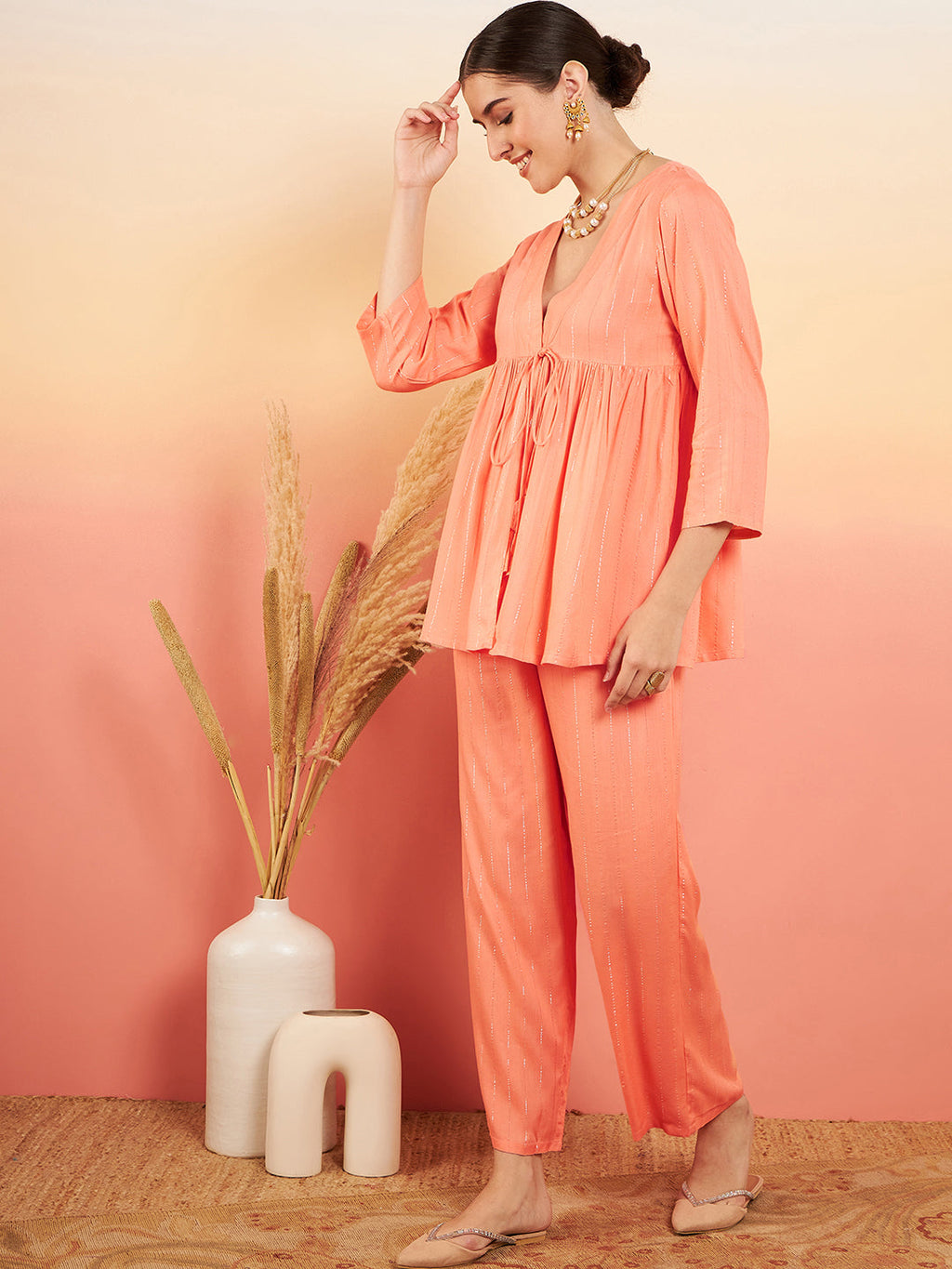 InWeave Women's Creamy Peach Lurex V Neck Front Tie Up Kurta Pant Set | Grocsy