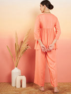 InWeave Women's Creamy Peach Lurex V Neck Front Tie Up Kurta Pant Set | Grocsy