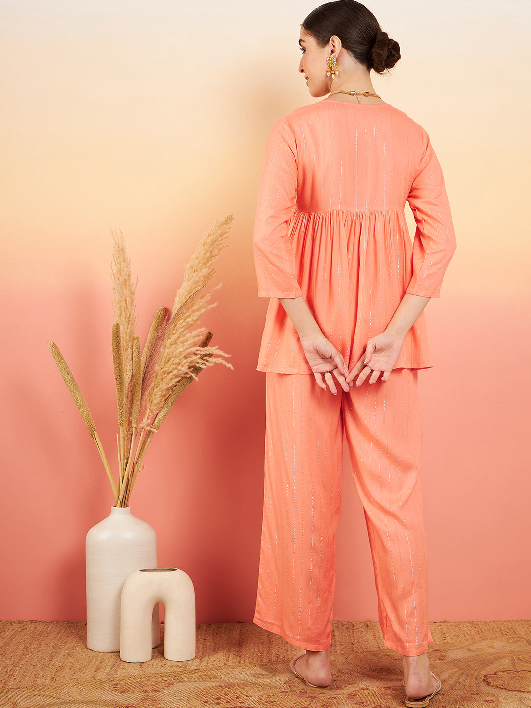 InWeave Women's Creamy Peach Lurex V Neck Front Tie Up Kurta Pant Set | Grocsy