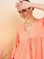 InWeave Women's Creamy Peach Lurex V Neck Front Tie Up Kurta Pant Set | Grocsy