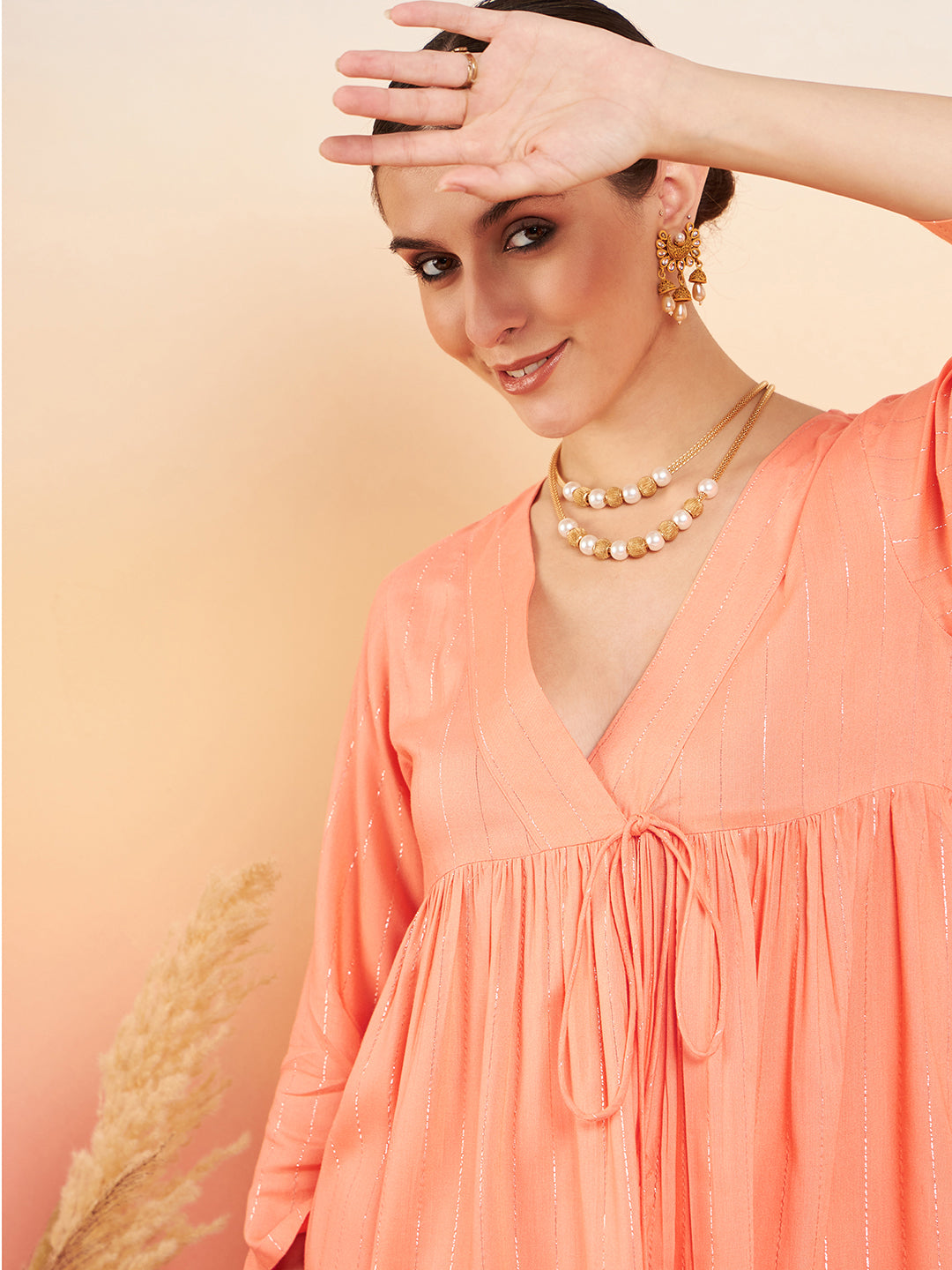 InWeave Women's Creamy Peach Lurex V Neck Front Tie Up Kurta Pant Set | Grocsy