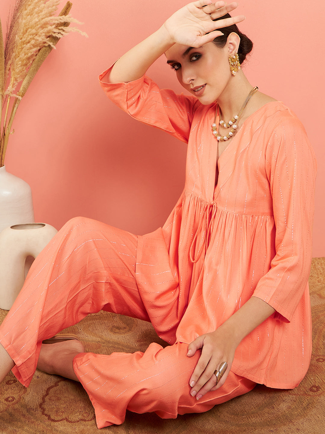 InWeave Women's Creamy Peach Lurex V Neck Front Tie Up Kurta Pant Set | Grocsy