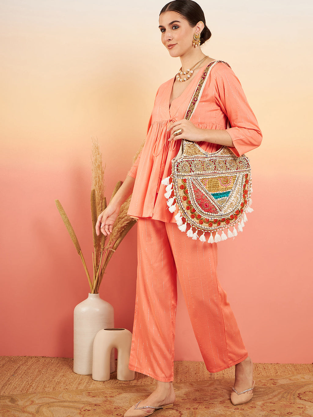 InWeave Women's Creamy Peach Lurex V Neck Front Tie Up Kurta Pant Set | Grocsy