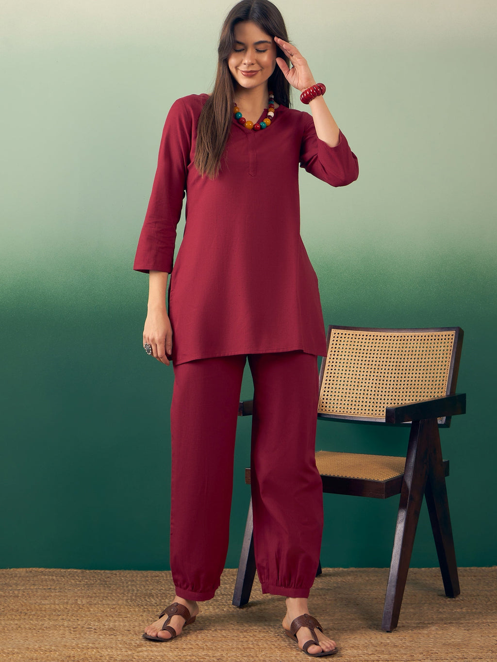 InWeave Burgundy Solid V Neck Short Kurta Pant Set | Grocsy