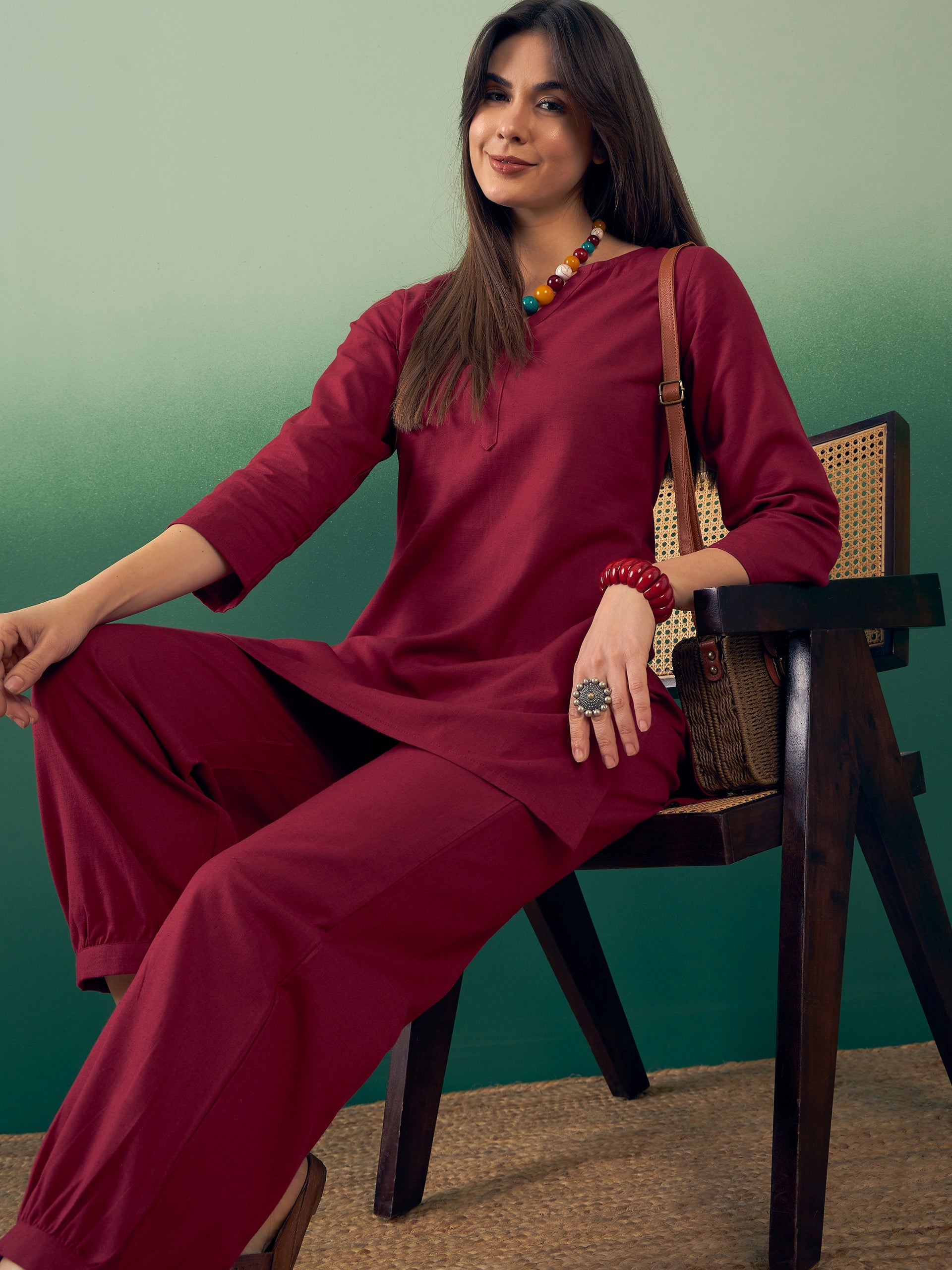 InWeave Burgundy Solid V Neck Short Kurta Pant Set | Grocsy