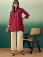InWeave Burgundy Mandarin V Neck Button Kurta Cream Pant Set | Grocsy